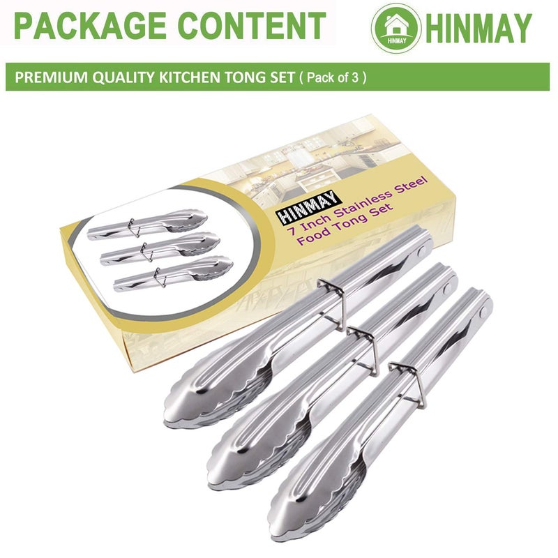 HINMAY Small Stainless Steel Serving Tongs 7-Inch Salad Tongs, Set of 3 (Silver) - Image 2